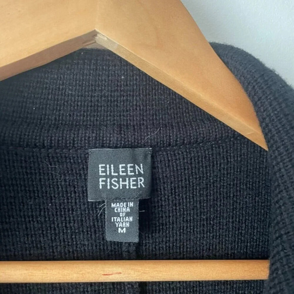 Eileen Fisher 100% Merino Wool Collared Long Line Knit Cardigan  Coat Black M - Picture 4 of 5